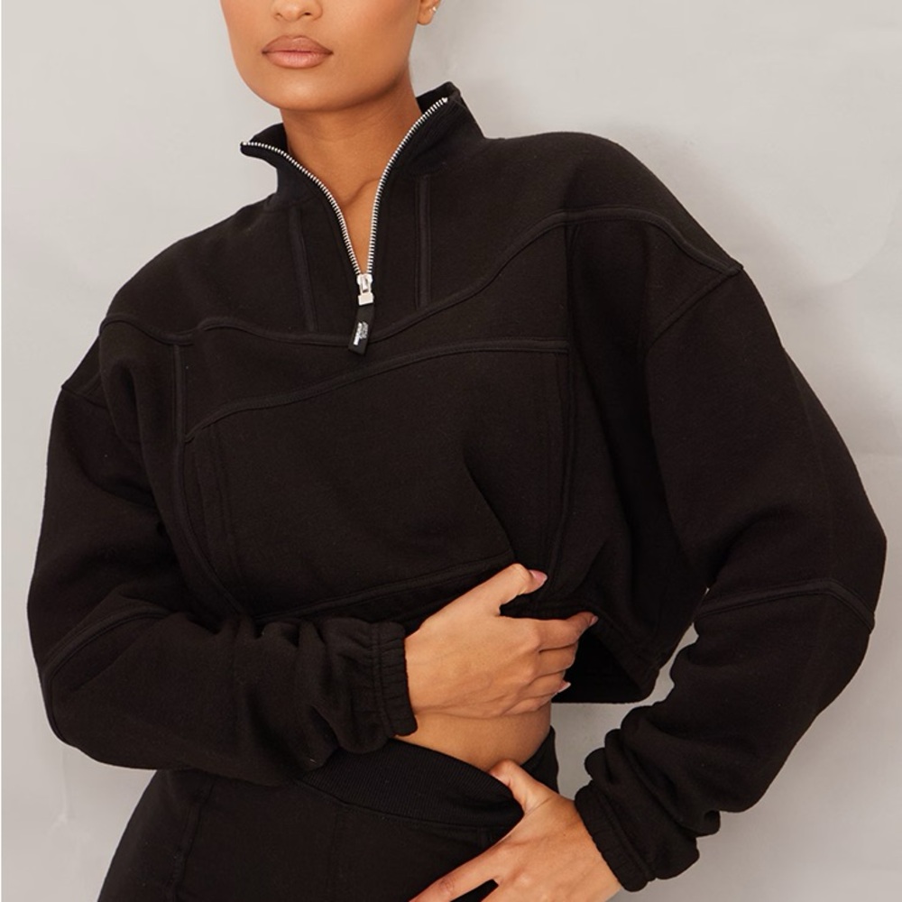 Pretty Little Thing Black Zip Tape Funnel Neck Oversized Cropped Sweatshirt